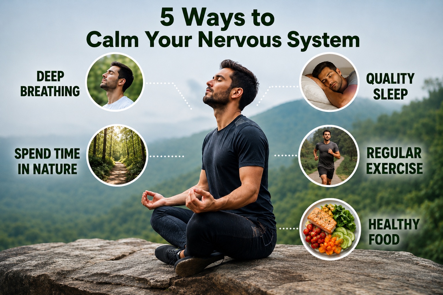 Infographic showing 5 ways to calm your nervous system naturally.
