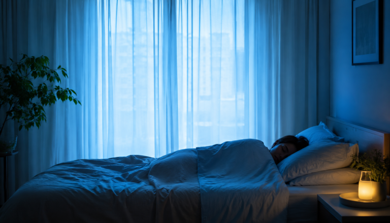 Tips for better sleep featuring a peaceful bedroom with a person sleeping at night.