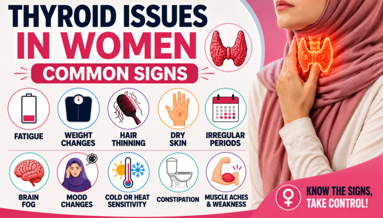Infographic showing common signs of thyroid issues in women.