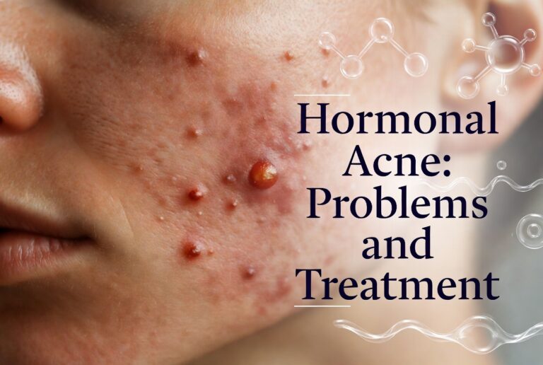 Hormonal acne on cheek and jawline with molecular background showing hormone changes – Hormonal Acne Problems and Treatment