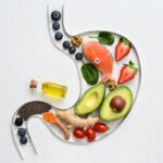 Some of the best foods to reduce inflammation arranged inside a stomach shape