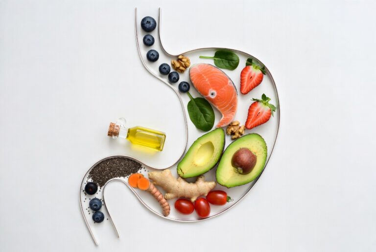 Some of the best foods to reduce inflammation arranged inside a stomach shape
