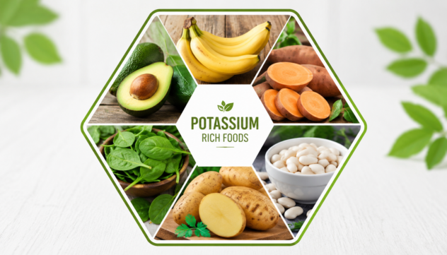 Potassium-rich foods including banana, avocado, sweet potato, spinach, beans, and potato.