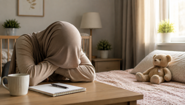 Mother with her head down sitting beside a bed with a teddy bear, representing postpartum depression.