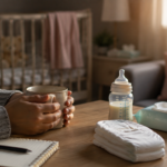 Mother holding a coffee mug beside baby care essentials in a nursery.