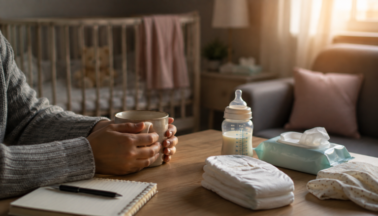 Mother holding a coffee mug beside baby care essentials in a nursery.