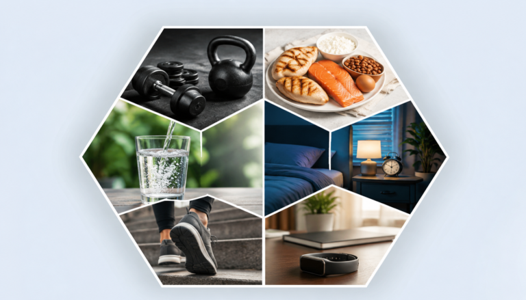 Hexagon collage showing natural ways to boost metabolism, including exercise, protein, hydration, sleep, and daily movement.