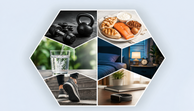 Hexagon collage showing natural ways to boost metabolism, including exercise, protein, hydration, sleep, and daily movement.