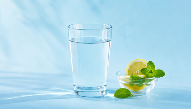 Hydration signs and symptoms concept with a glass of water, lemon, and fresh mint on a light blue background.