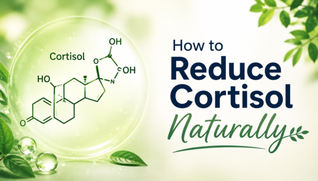How to Reduce Cortisol Naturally with a highlighted cortisol molecular structure and natural green background.