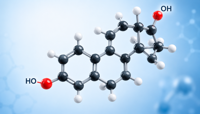 How to lower estrogen dominance concept with highlighted estrogen molecular model.