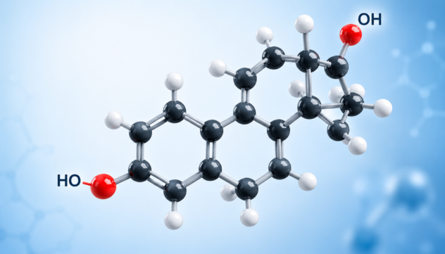 How to lower estrogen dominance concept with highlighted estrogen molecular model.