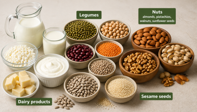 Dairy products, legumes, nuts, and sesame seeds arranged in bowls.