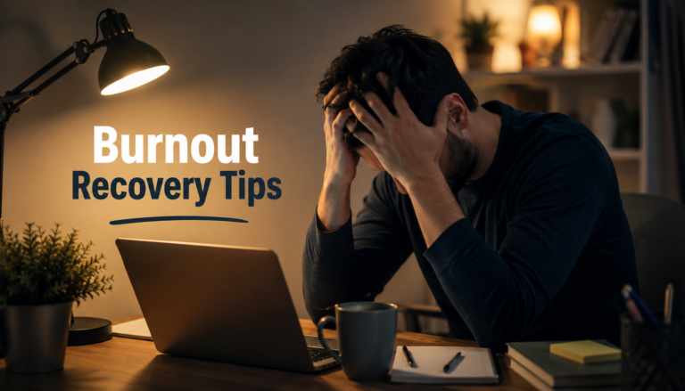 Burnout Recovery Tips illustration showing an exhausted man sitting at a desk with a laptop, holding his head under soft light.