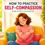 How to practice self-compassion illustration showing a woman gently hugging herself in a colorful, peaceful room.
