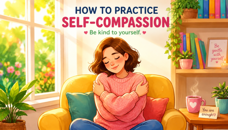 How to practice self-compassion illustration showing a woman gently hugging herself in a colorful, peaceful room.