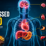Ultra Processed Food Effects on Body showing highlighted brain, heart, stomach, and liver damage.