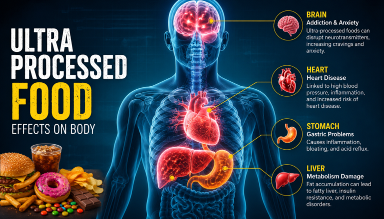 Ultra Processed Food Effects on Body showing highlighted brain, heart, stomach, and liver damage.