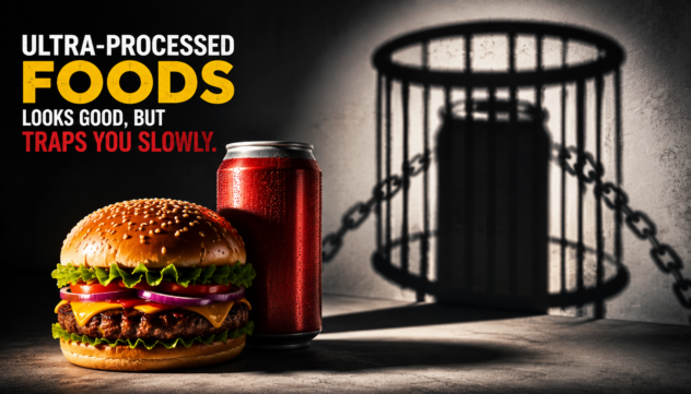Ultra-processed foods showing a burger and soft drink with a prison cage shadow, symbolizing food addiction.