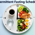 Intermittent Fasting Schedule showing 16 hours of fasting with water and black coffee and 8 hours of healthy eating with eggs, avocado, chicken, and salad.