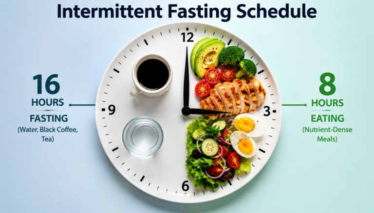 Intermittent Fasting Schedule showing 16 hours of fasting with water and black coffee and 8 hours of healthy eating with eggs, avocado, chicken, and salad.