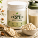 best protein powder for women with almonds, chia seeds, oats, protein scoop, and shaker bottle