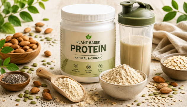 best protein powder for women with almonds, chia seeds, oats, protein scoop, and shaker bottle
