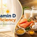 Vitamin D deficiency foods, including salmon, eggs, milk, mushrooms, and cheese, with sunlight.