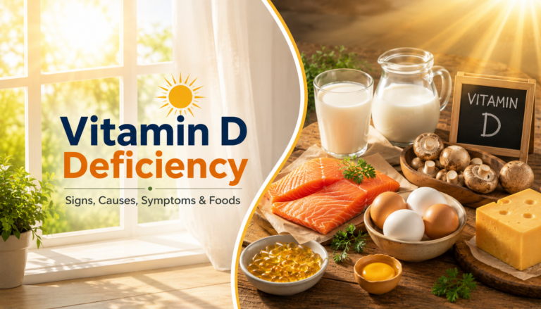 Vitamin D deficiency foods, including salmon, eggs, milk, mushrooms, and cheese, with sunlight.