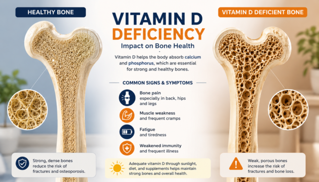 Vitamin D deficiency affecting bone health, showing healthy and weakened bones.