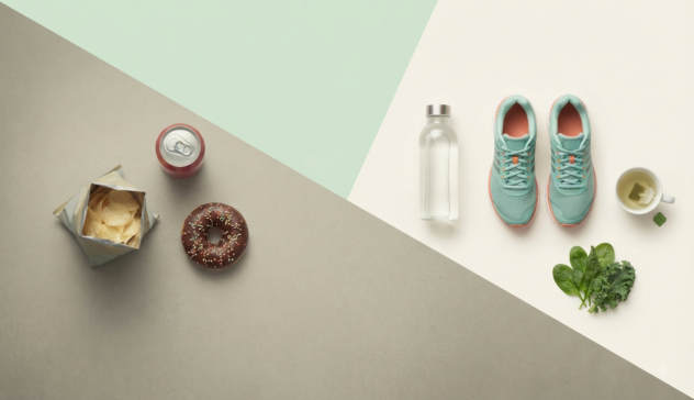 Flat lay comparison of unhealthy snacks and healthy items.