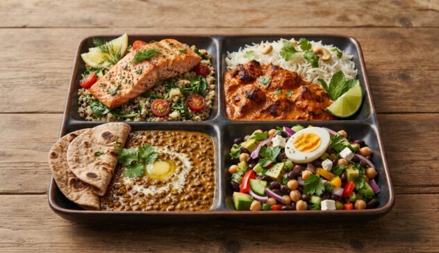 A four-compartment divided plate with salmon, chicken tikka masala, dal , and a protein salad.