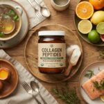 Top-down view of a benefit of collagen supplement jar surrounded by natural food sources like bone broth, eggs, citrus fruits, and salmon on a wooden table.