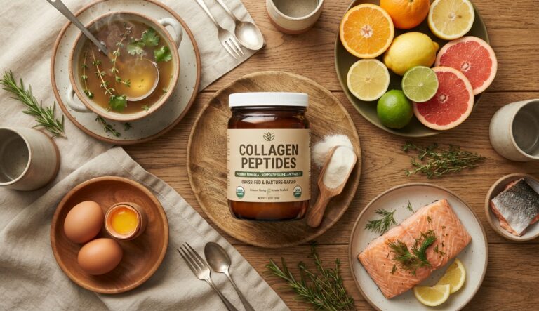 Top-down view of a benefit of collagen supplement jar surrounded by natural food sources like bone broth, eggs, citrus fruits, and salmon on a wooden table.