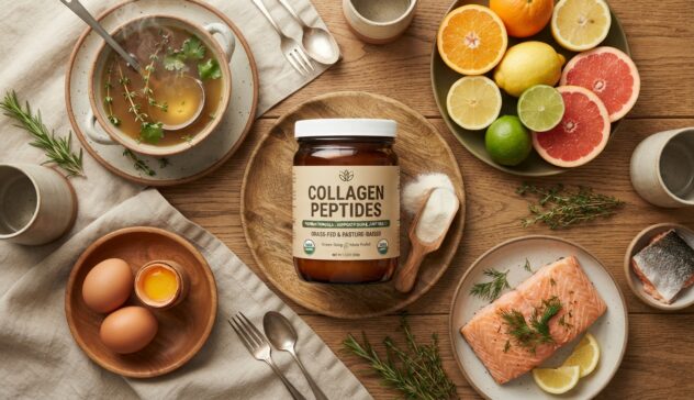 Top-down view of a benefit of collagen supplement jar surrounded by natural food sources like bone broth, eggs, citrus fruits, and salmon on a wooden table.