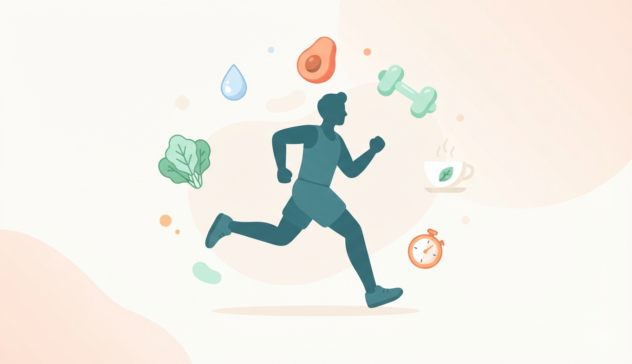 Minimalist illustration of a runner surrounded by wellness icons like water, avocado, and a stopwatch, relevant to 'How to Burn Stomach Fat'.