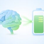 Brain connected to recharging battery on light blue background, symbolizing power nap benefits.