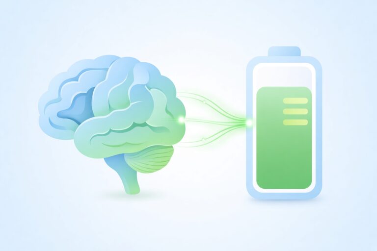 Brain connected to recharging battery on light blue background, symbolizing power nap benefits.