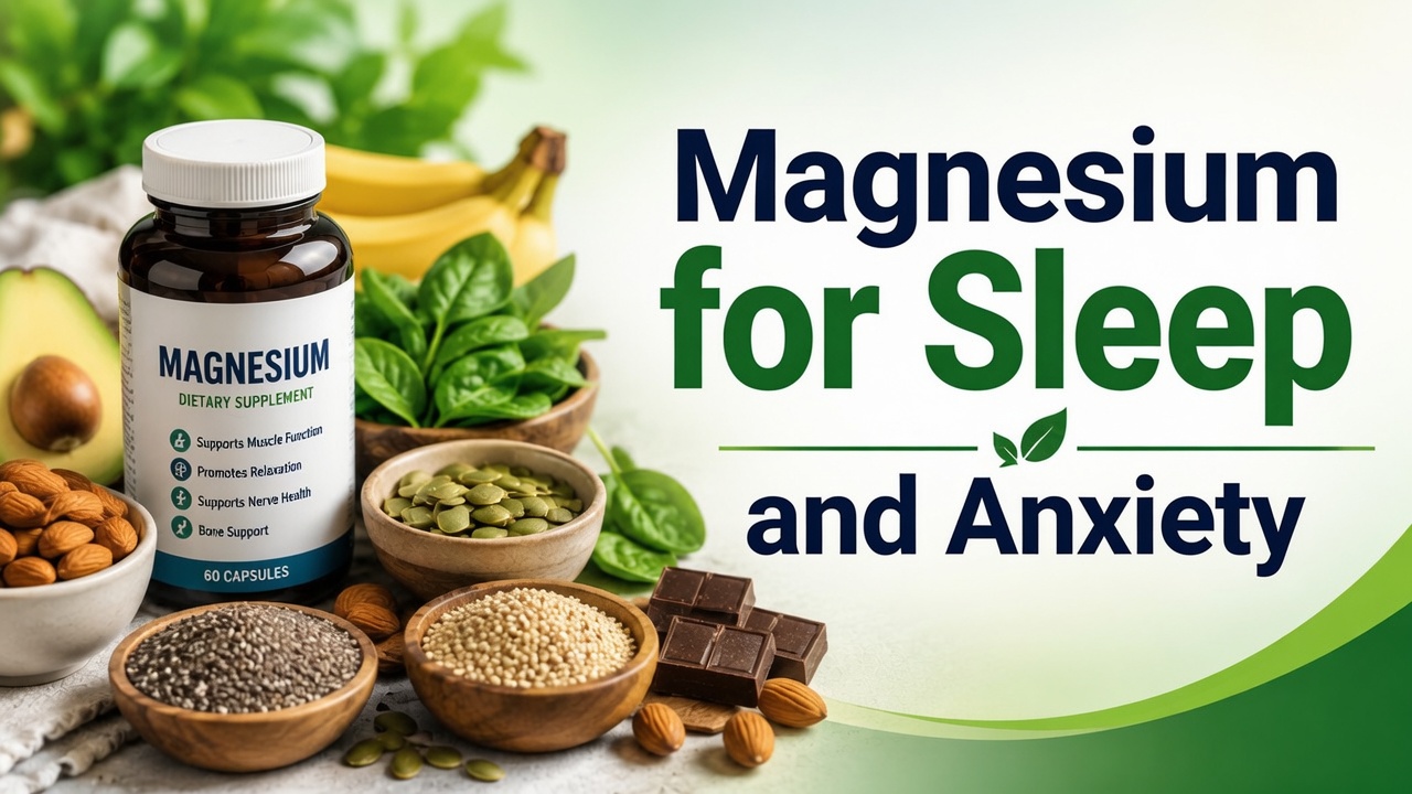 Magnesium for sleep and anxiety – supplement bottle with natural food sources