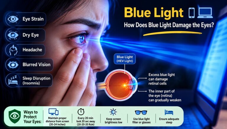 Infographic showing how blue light damages eyes, with symptoms, eye diagram, and protection tips.