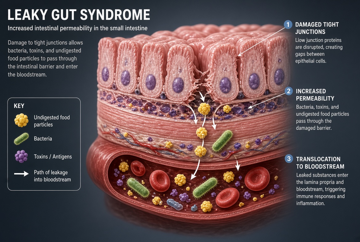 Medical illustration of leaky gut showing damaged intestinal barrier with bacteria and toxins leaking into the bloodstream.