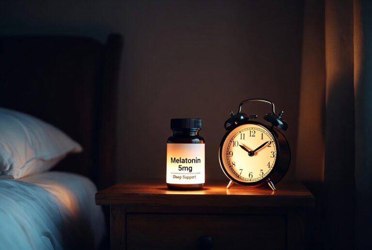 Melatonin pros and cons, you need to to know before taking it- bottle and alarm clock on nightstand