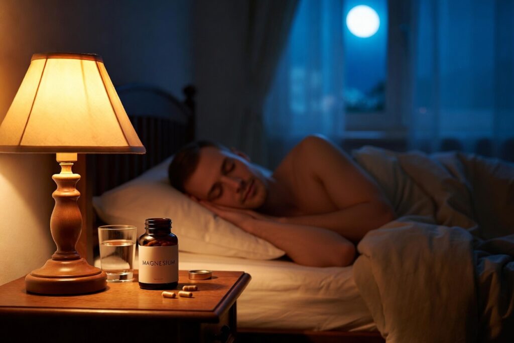 Man sleeping peacefully with magnesium supplement on nightstand