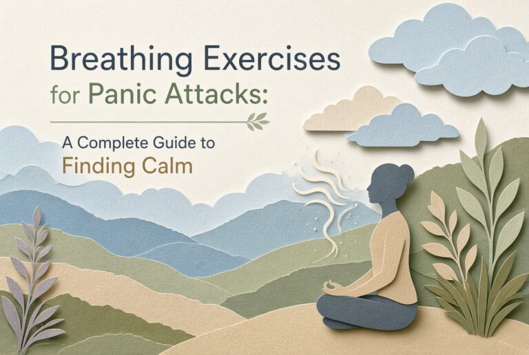 Paper-cut illustration of a person meditating and practicing calm breathing exercises.
