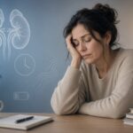 Tired woman with adrenal fatigue symptoms resting head on hand at desk, low energy battery icon, clock, adrenal glands illustration, exhaustion and chronic fatigue concept