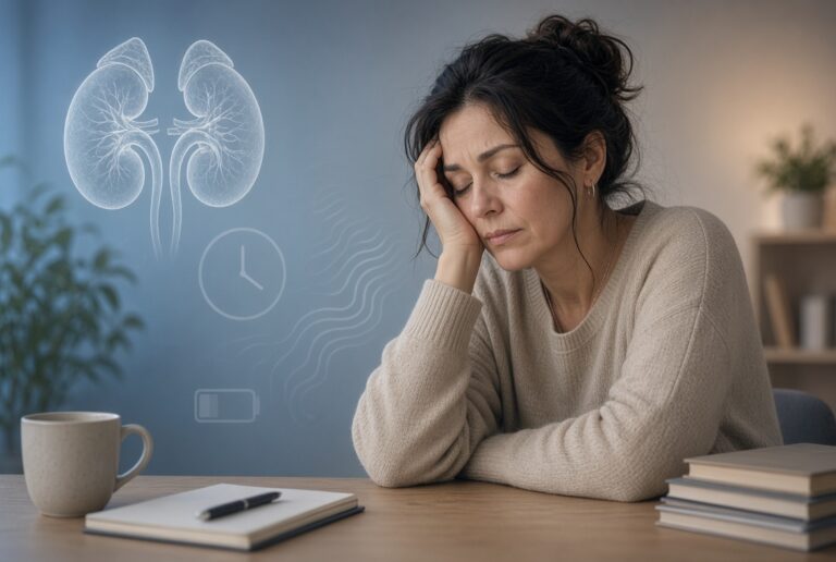 Tired woman with adrenal fatigue symptoms resting head on hand at desk, low energy battery icon, clock, adrenal glands illustration, exhaustion and chronic fatigue concept