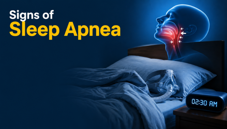 Signs of Sleep Apnea with an illustration of airway obstruction during sleep.