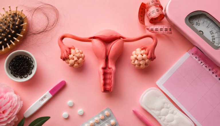 Symptoms of PCOS ,Causes with a medical illustration of the uterus and ovaries