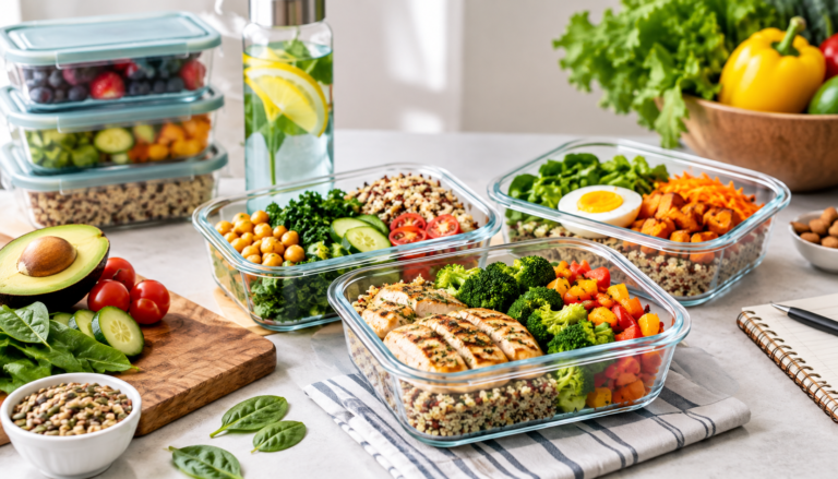 Meal Prep Ideas for Weight Loss with healthy balanced meals in meal prep containers