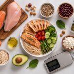 How to count macros for beginners – healthy foods with protein, carbs, and fats including chicken, salmon, eggs, quinoa, oats, avocado, beans and kitchen scale